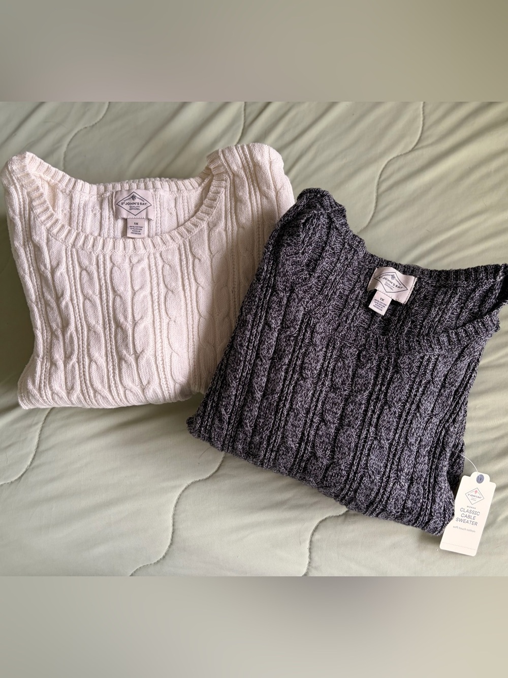 St. John's Bay Cable Knit Sweater - White and Charcoal Grey Set of 2 Size 1x